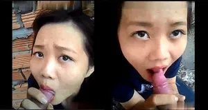 Bạn gái liếm buồi ở vườn sau nhà